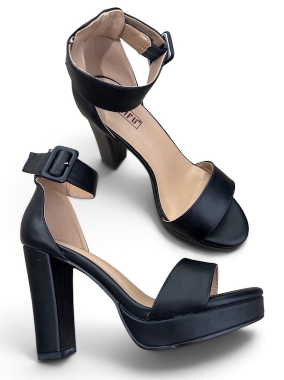 IDIFU Faux Leather Black Open-Toe Ankle Strap Platform Block Heels